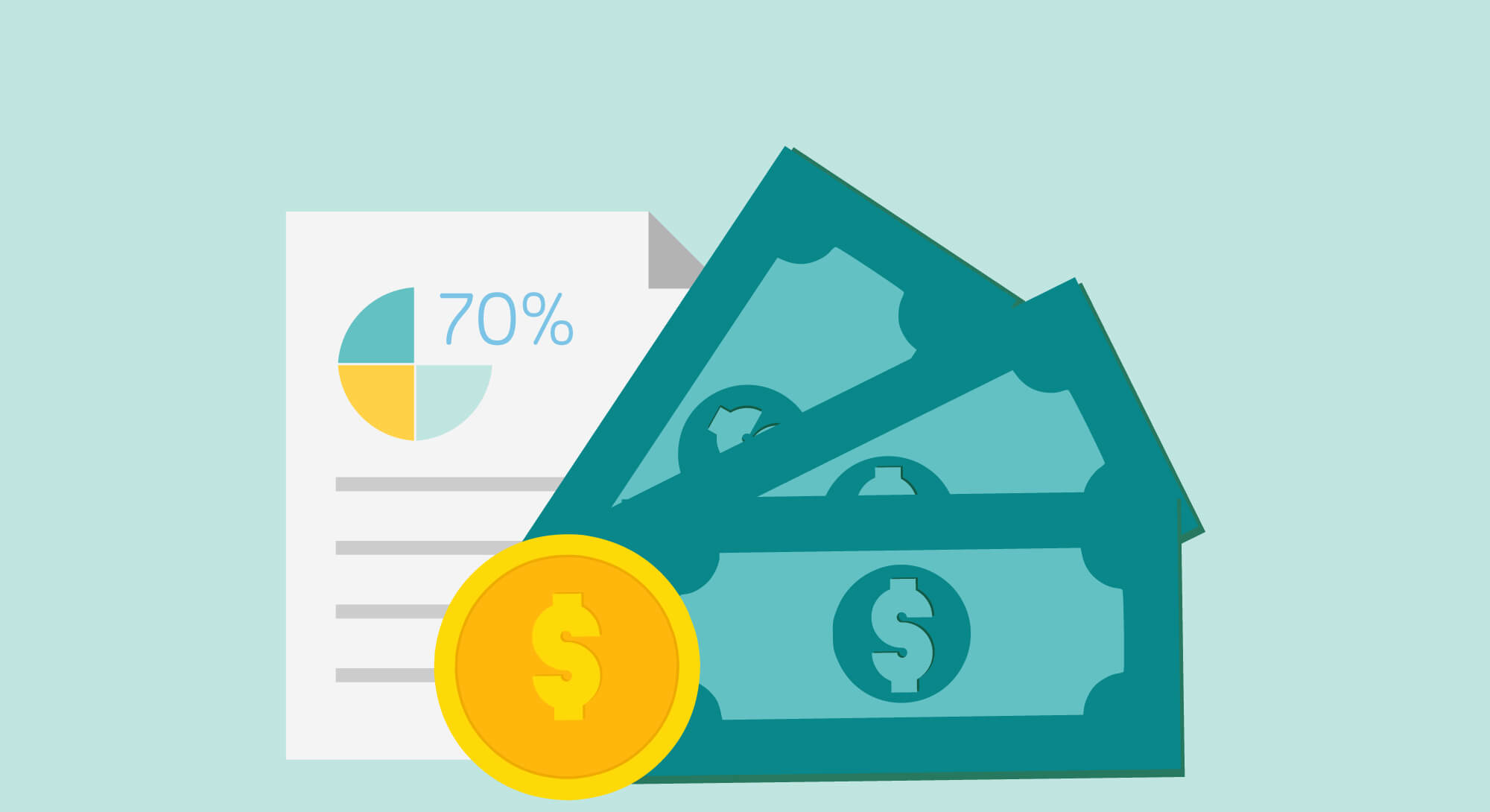 illustration of money and a paper that says 70%