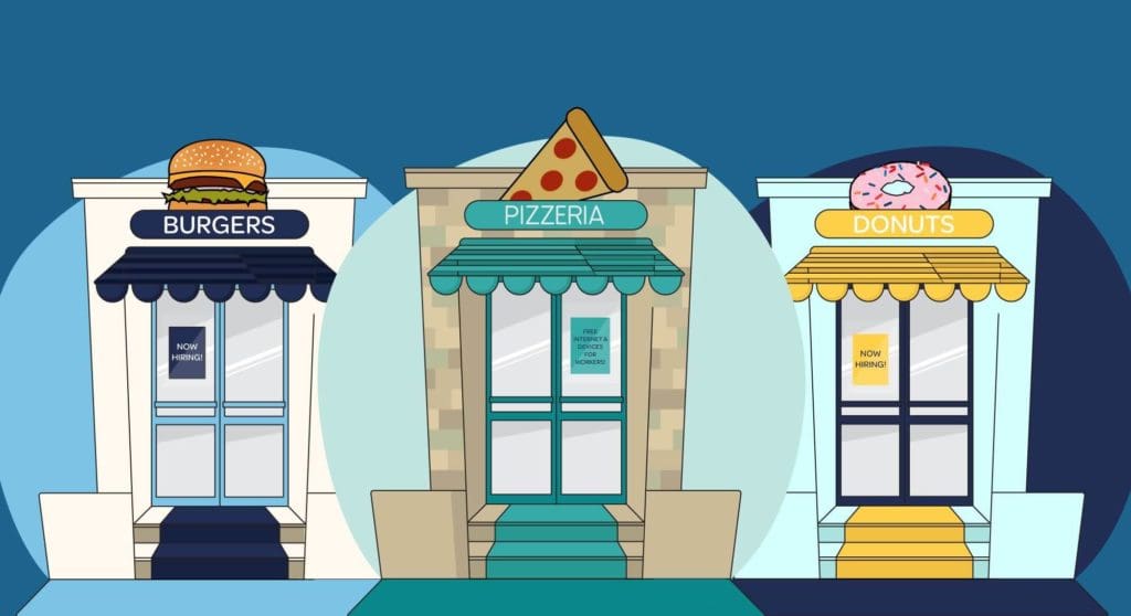 Illustration of a burger, pizza and donut restaurant