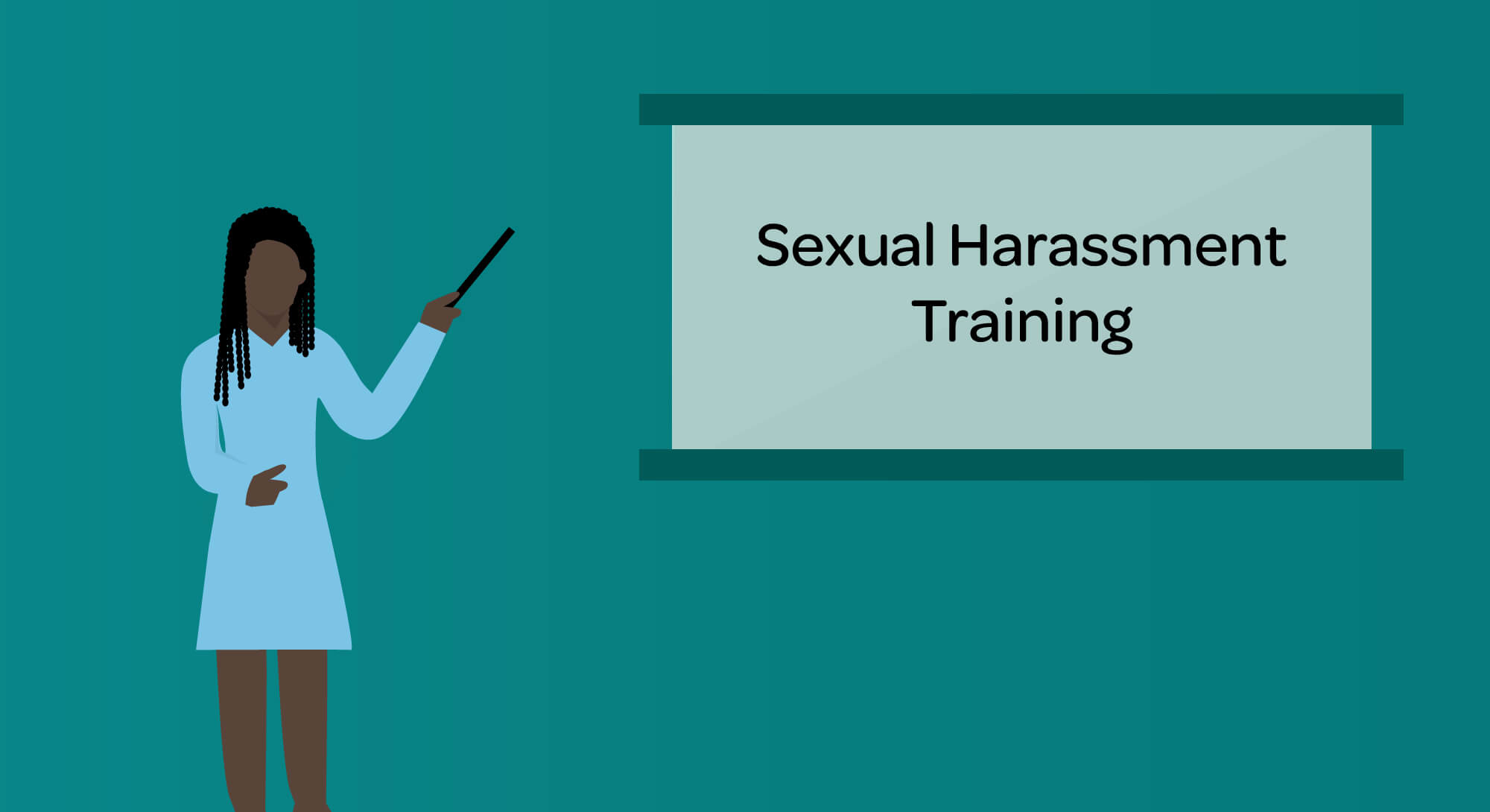 woman pointing to sexual harassment training sign