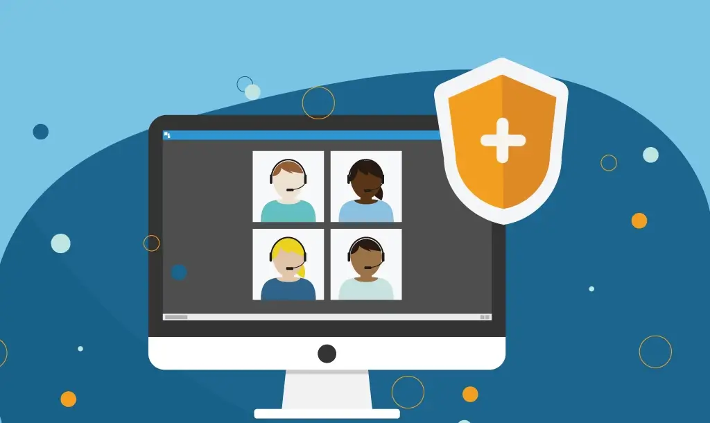Illustration of a computer monitor with employees on a video call. A security shield is displayed over the computer