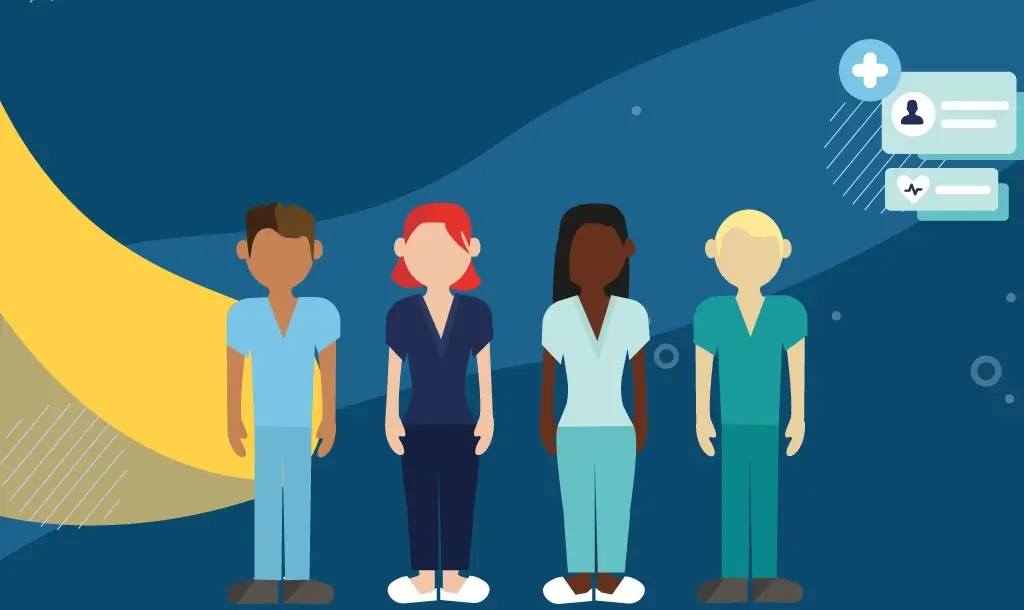 Illustration of healthcare employees in scrubs