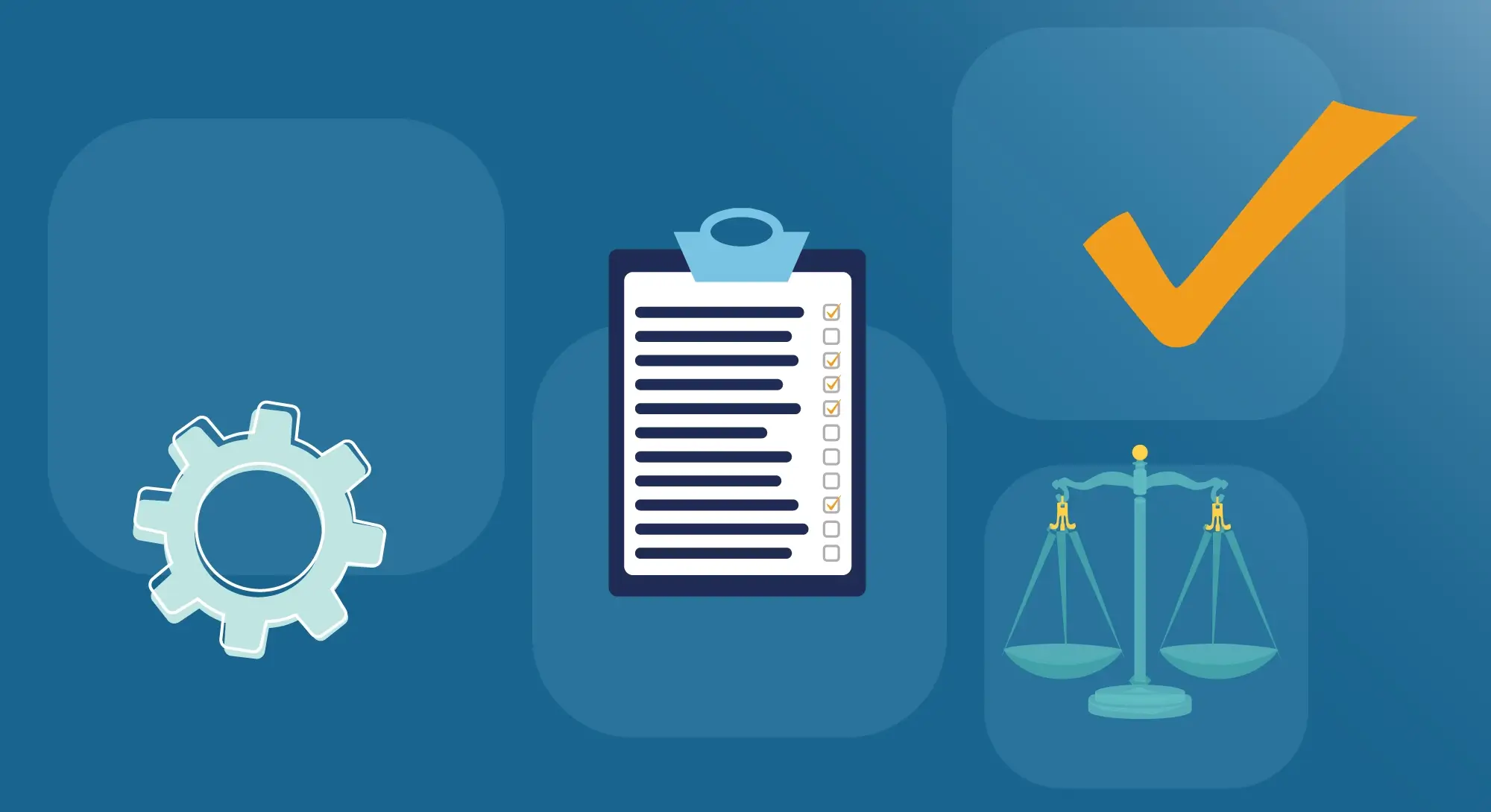 Illustration of a gear, checklist, checkmark and balance scale