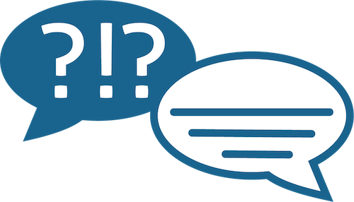 Illustration of two speech bubbles, one with question marks the other with lines.