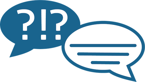 ESL Questions Illustration of two speech bubbles, one with question marks the other with lines.