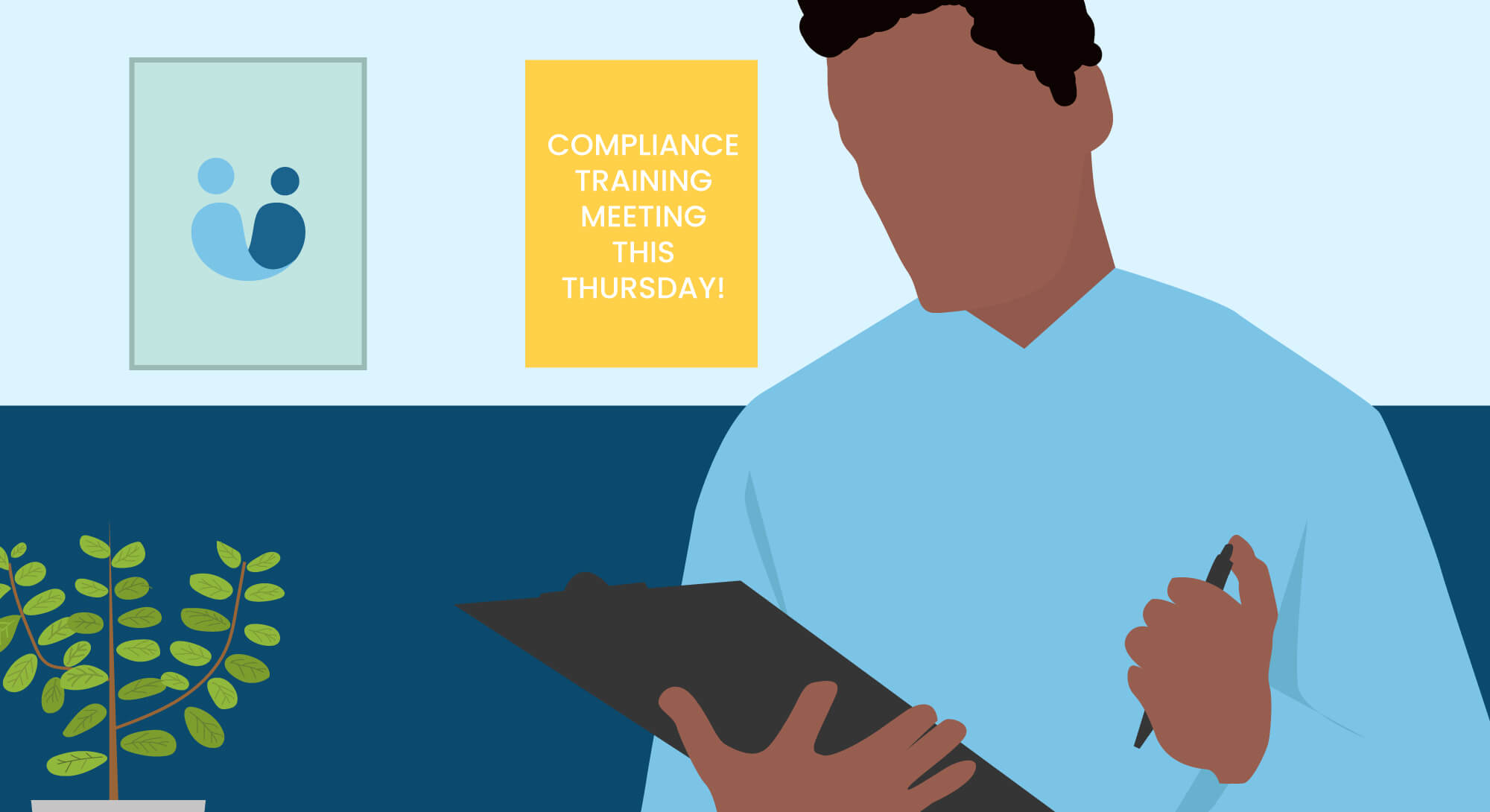 Illustration of a man with a pen and clipboard in front of a poster advertising a compliance meeting
