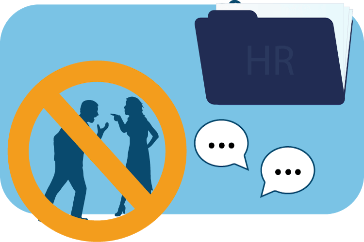 Illustration of two people fighting, speech bubbles, and a HR folder