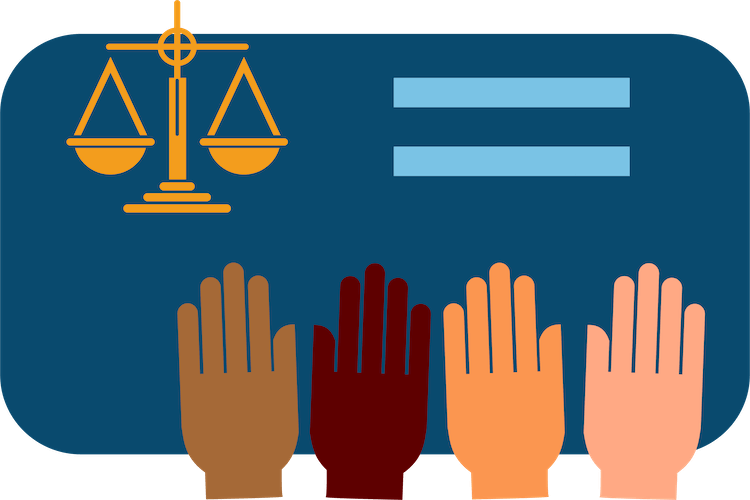 Illustration of multiethnic hands, a justice scale and equality sign