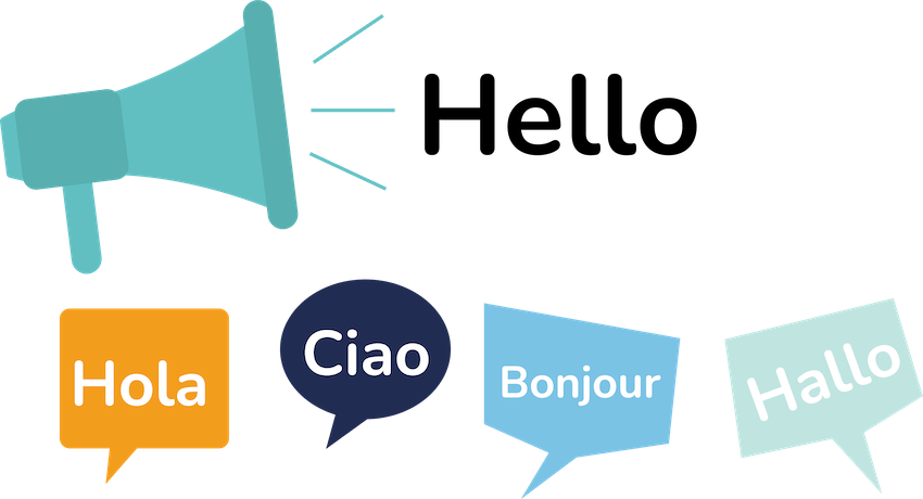 Illustration of a megaphone with speech bubbles with the word 'hello' in various languages