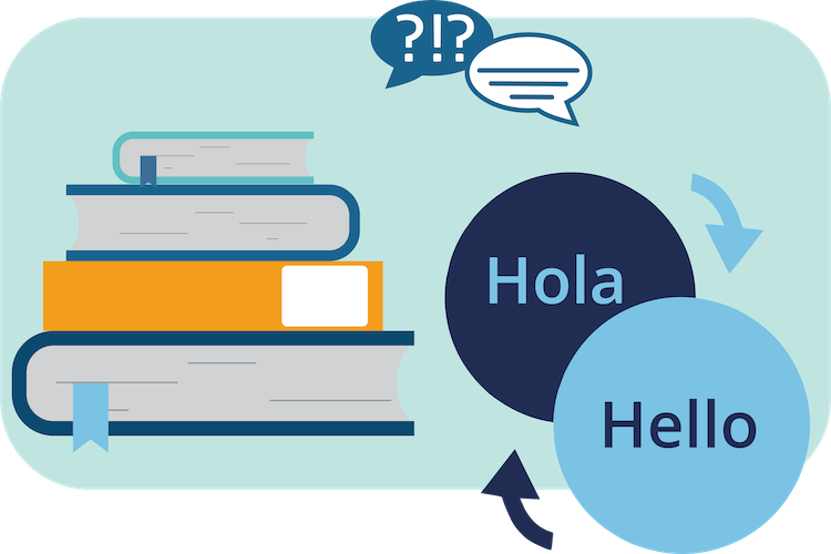 Illustration of a stack of books, English to Spanish translation and speech bubbles