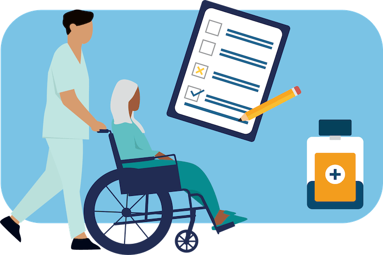 Illustration of a homecare employee pushing an elderly woman in a wheelchair. A checklist and pill bottle are also present in the background.
