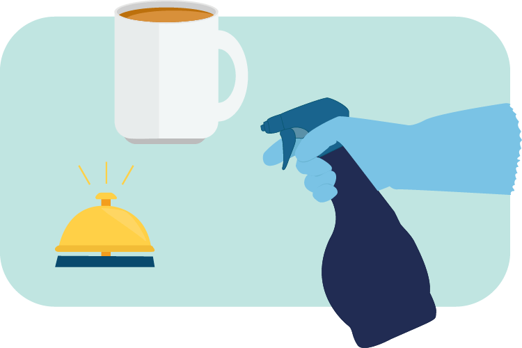 Illustration of a service industry bell, cup of coffee and a gloved hand holding a spray bottle