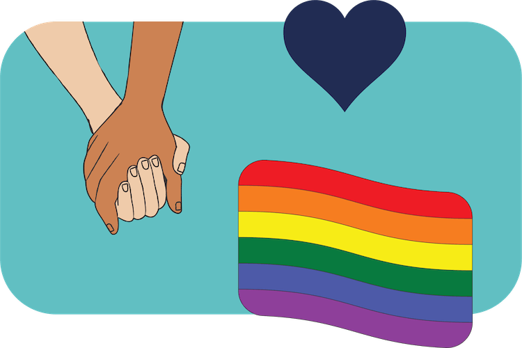 Illustration of the LGBTQ Flag, two hands being held, and a heart.