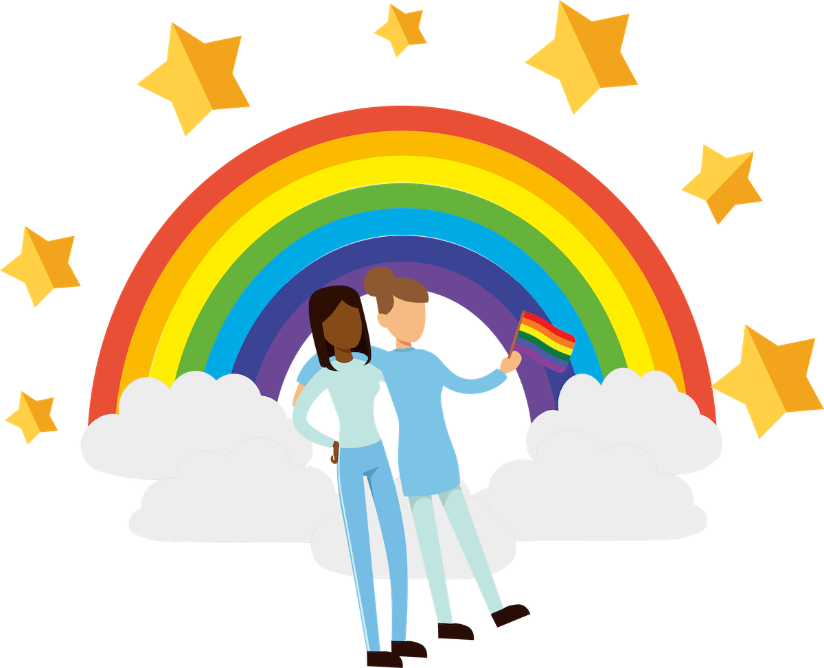 Illustration of two friends/ employees waving a rainbow flag in front of a rainbow