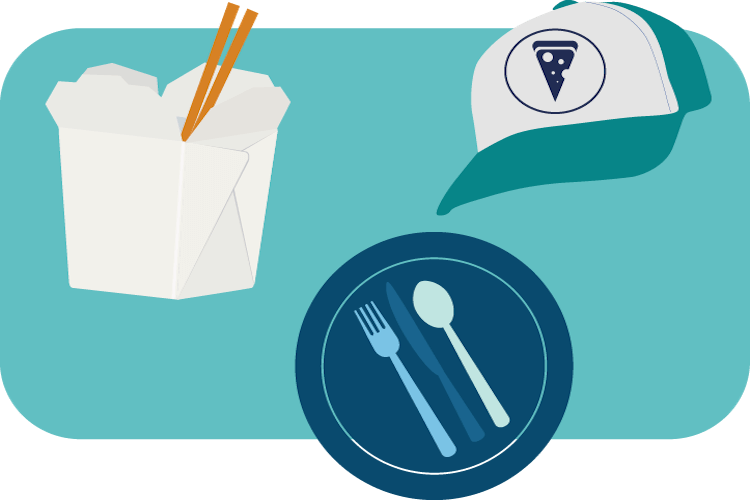 Illustration of a Chinese takeout container, pizza delivery hat, and plate with utensils