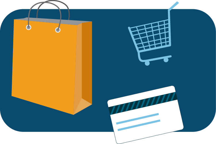 Illustration of a shopping bag, credit card, and shopping cart