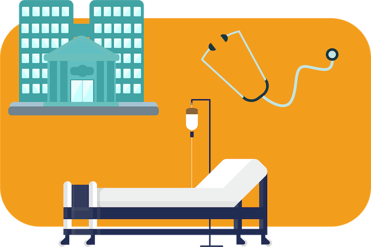 Illustration showcasing a skilled nursing facility, hospital bed and stethoscope