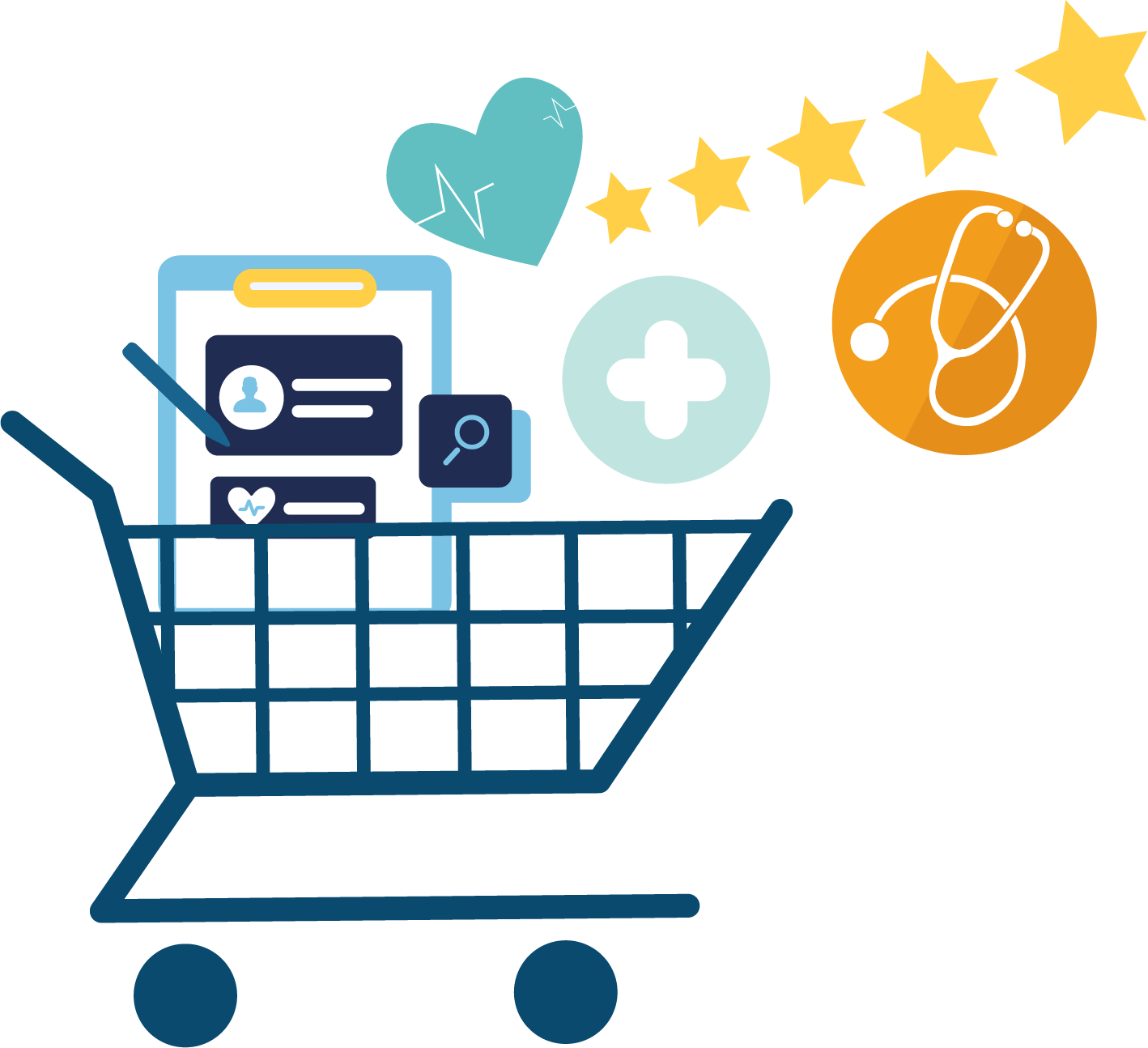 Illustration of a shopping cart containing a healthcare checklist, stethoscope and stars