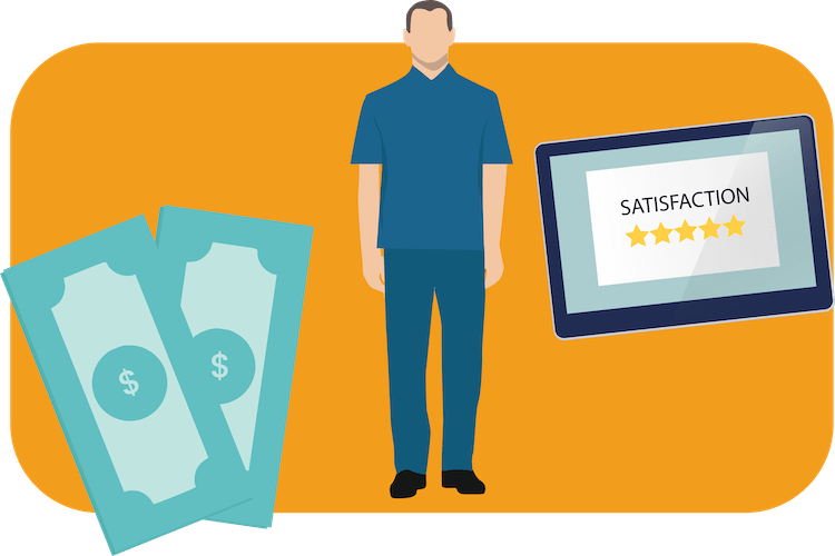 Illustration of a nursing home employee, money and a 5 star satisfaction rating.