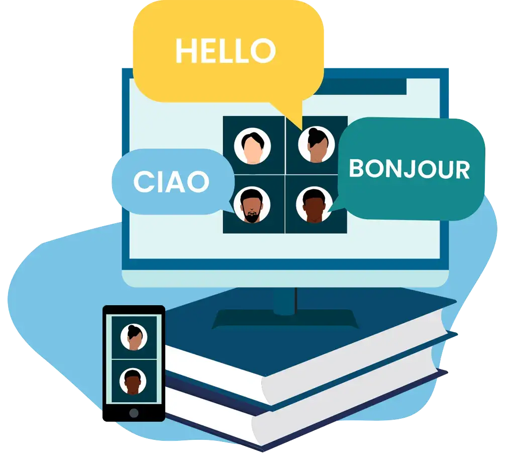 Multilingual Compliance Training Illustration of a computer monitor on top of a stack of books showcasing people talking in various languages