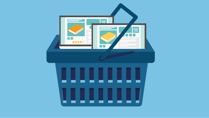 Illustration of a shopping basket filled with two computer monitors showcasing Online training solutions