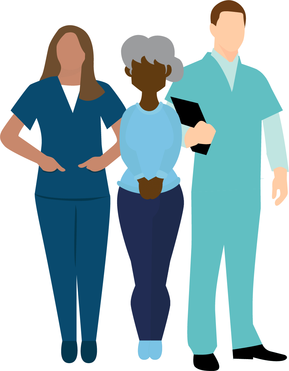 An illustration of Two home care agency workers next to an elderly woman
