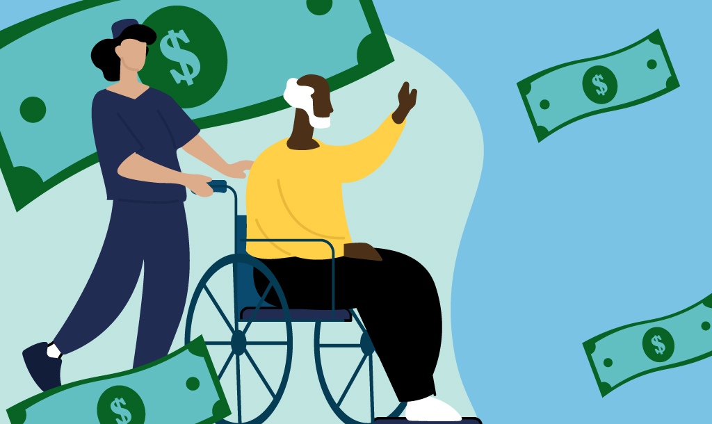 Illustration of a employee in scrubs pushing an elderly man in a wheelchair