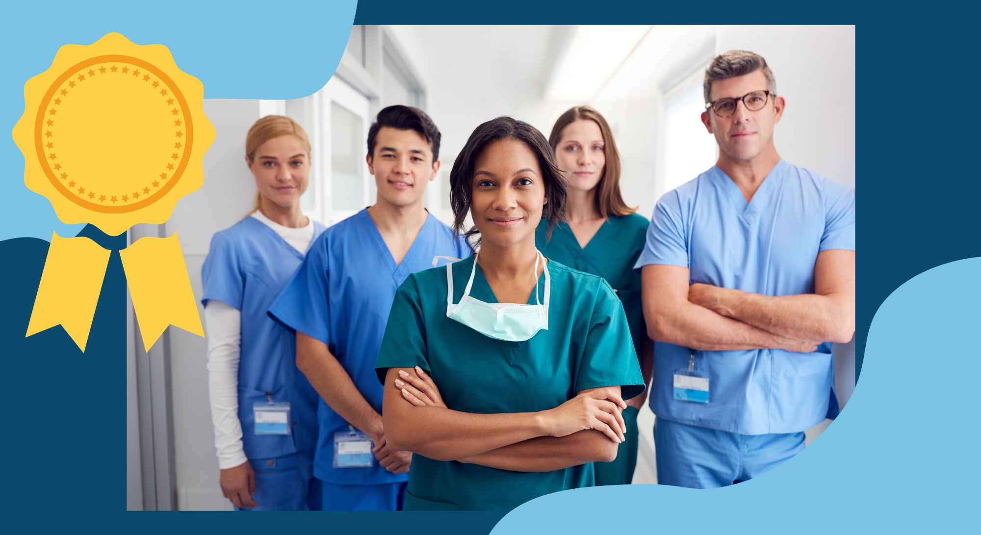 Group of healthcare workers looking at camera with illustrated border