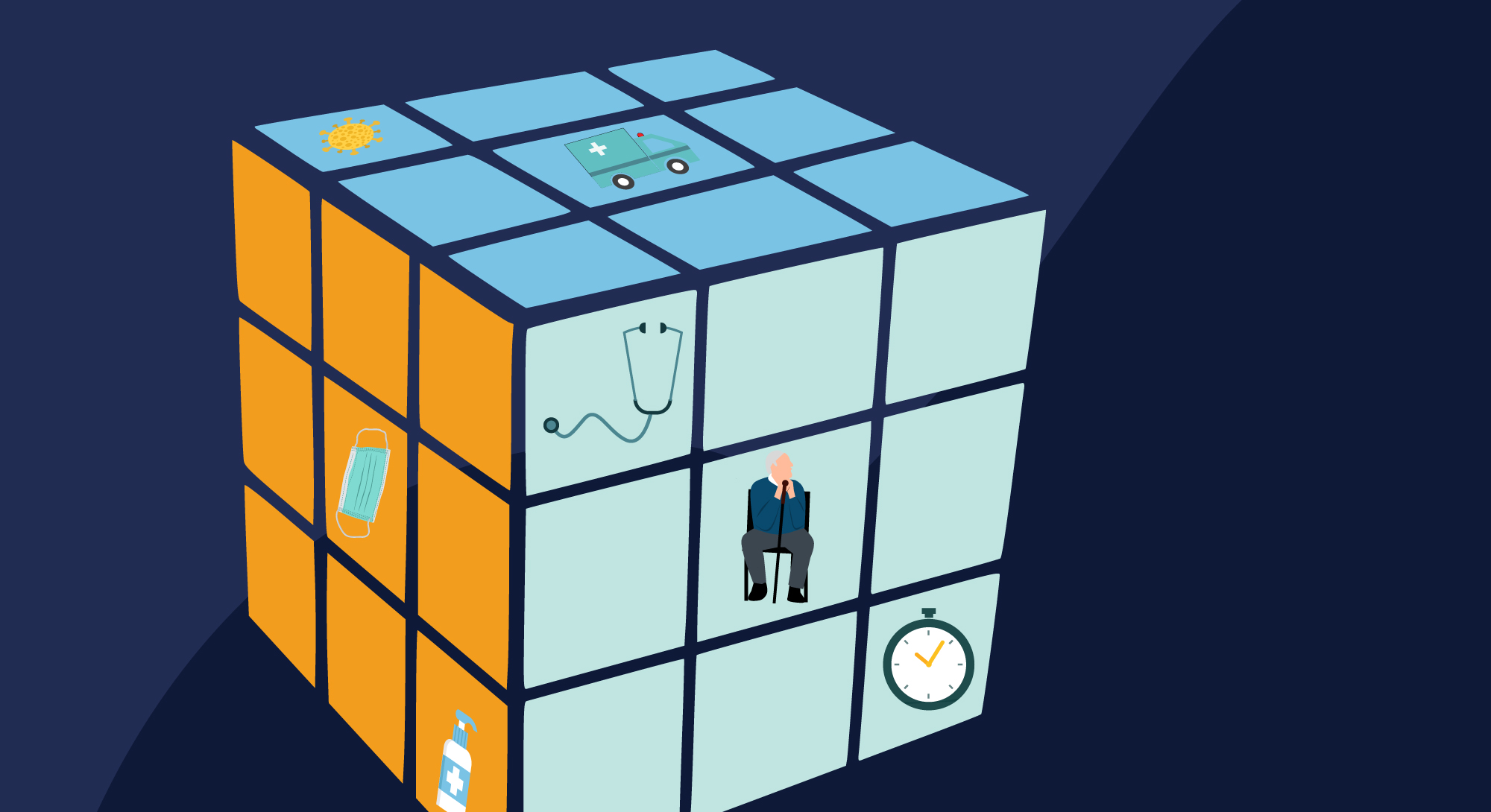 Illustrated rubik's cube with healthcare-related images on individual cubes