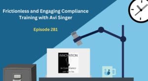 Illustrated image for a showd.me podcast called "Frictionless and engaging compliance training with Avi Singer"