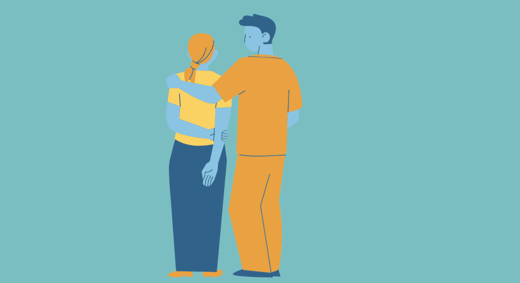 Illustrated man in orange shirt comforting lady in yellow shirt
