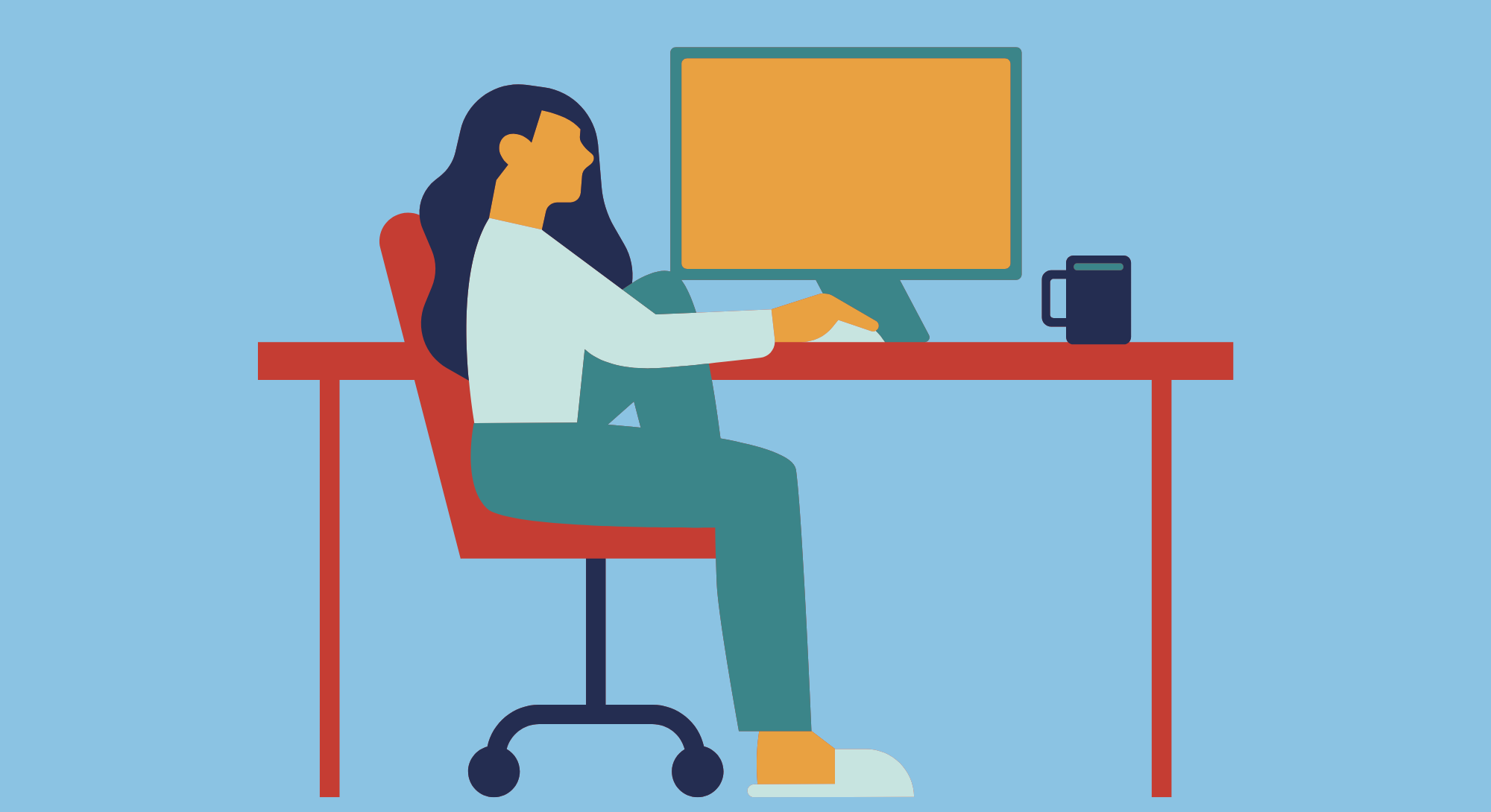 Illustrated lady sitting on chair in front of a desktop computer