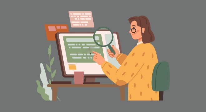 Cartoon design of woman looking at a monitor with a magnifying glass.