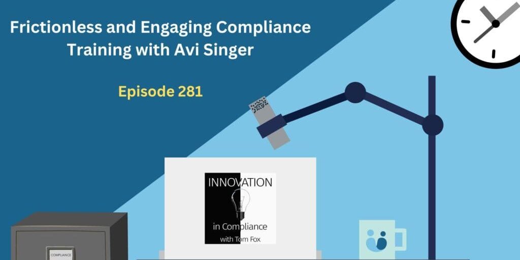 Illustrated image for a showd.me podcast called "Frictionless and engaging compliance training with Avi Singer"